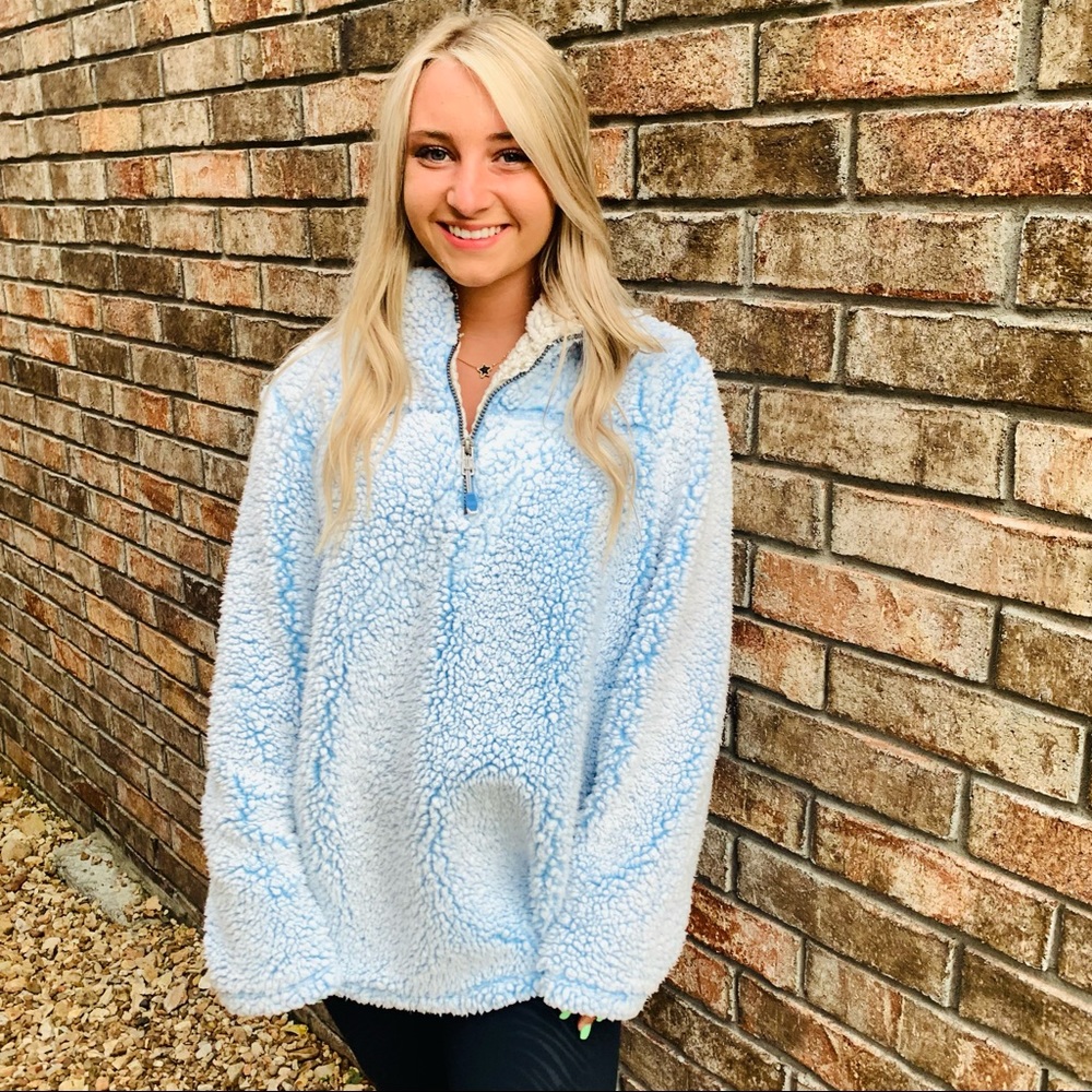 Green Tea Pullover Quarter Zip Sherpa Two Toned Top